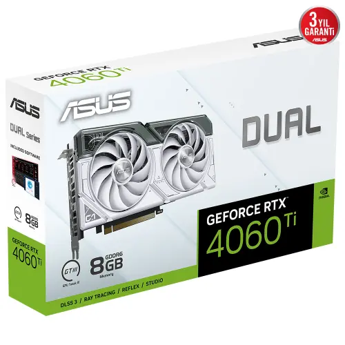 ASUS Dual GeForce RTX 4060 TI WHITE OC DUAL-RTX4060TI-O8G-WHITE 8GB GDDR6 128Bit DX12 DLSS 3 Gaming (Oyuncu) Ekran Kartı