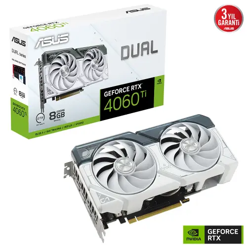 ASUS Dual GeForce RTX 4060 TI WHITE OC DUAL-RTX4060TI-O8G-WHITE 8GB GDDR6 128Bit DX12 DLSS 3 Gaming (Oyuncu) Ekran Kartı