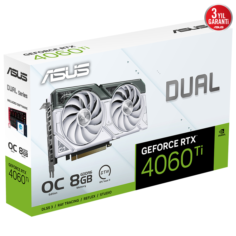 Asus Dual GeForce RTX 4060 TI WHITE DUAL-RTX4060TI-8G-WHITE 8GB GDDR6 128Bit DX12 DLSS 3 Gaming (Oyuncu) Ekran Kartı