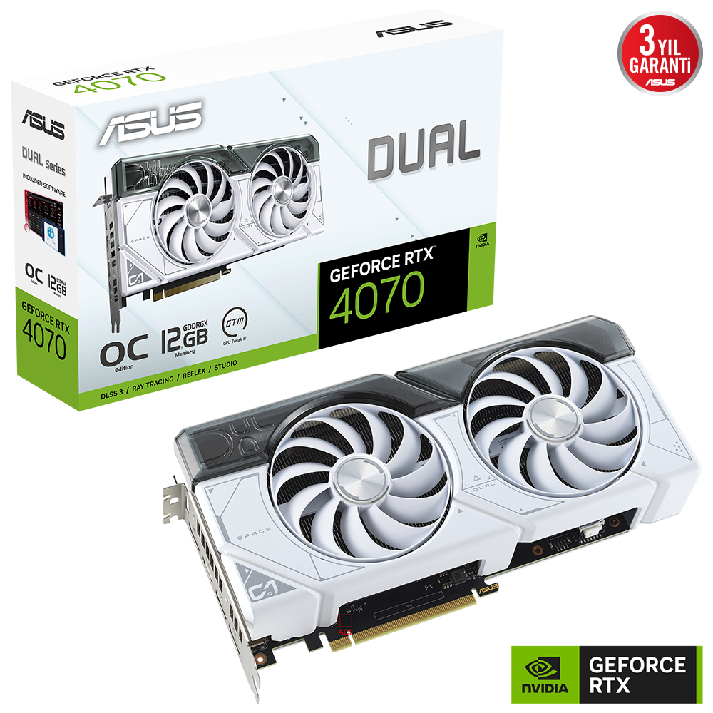 ASUS Dual GeForce RTX 4070 OC DUAL-RTX4070-O12G-WHITE GDDR6X 192Bit DX12 DLSS 3 Gaming (Oyuncu) Ekran Kartı