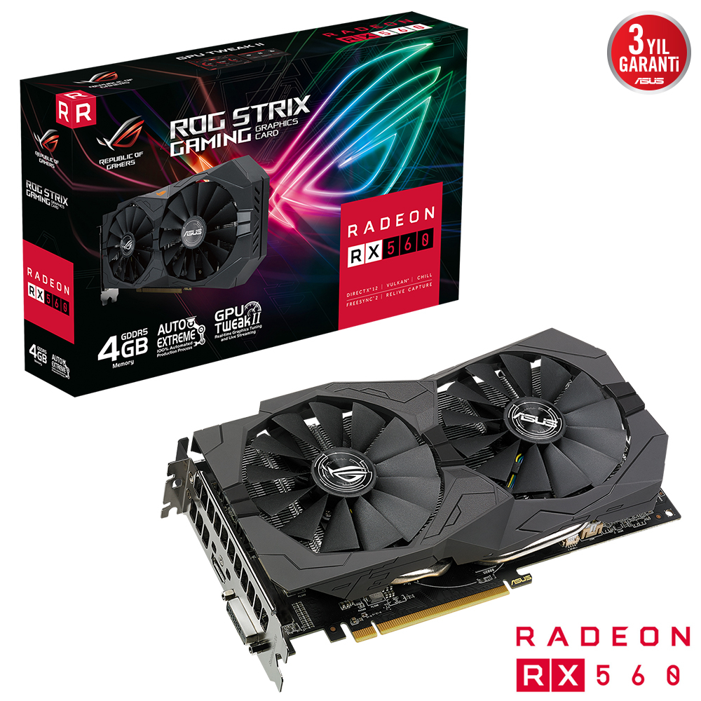 Asus ROG Strix Radeon RX 560 V2 ROG-STRIX-RX560-4G-V2-GAMING 4GB GDDR5 128Bit DX12 Gaming (Oyuncu) Ekran Kartı