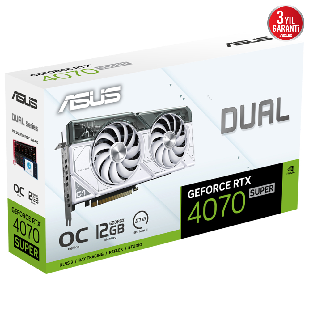ASUS Dual GeForce RTX 4070 SUPER WHITE OC DUAL-RTX4070S-O12G-WHITE GDDR6X 192Bit DX12 DLSS 3 Gaming (Oyuncu) Ekran Kartı