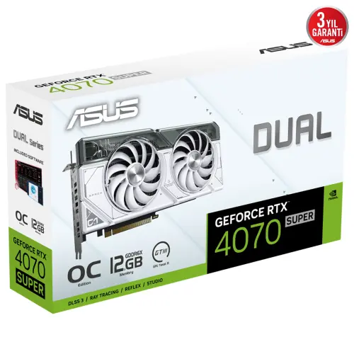 ASUS Dual GeForce RTX 4070 SUPER WHITE OC DUAL-RTX4070S-O12G-WHITE GDDR6X 192Bit DX12 DLSS 3 Gaming (Oyuncu) Ekran Kartı