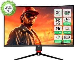 GamePower Vision V30 32″ Curved 1000R RGB 240Hz 1ms 2K (QHD) , Kvm, Speaker, Type C Gaming Monitör (Sıfır Ölü Piksel Garantili)