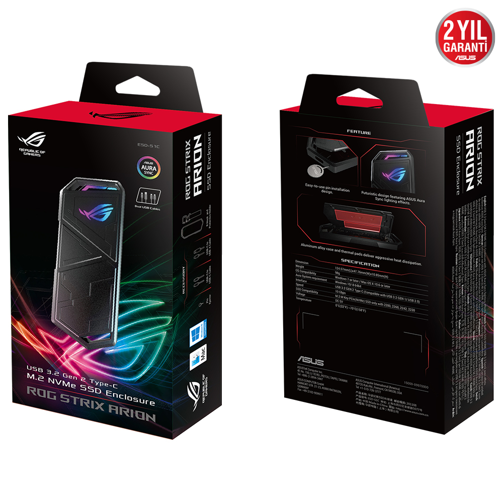 ASUS ROG Strix Arion ESD-S1C M.2 NVMe M.2 Harddisk Kutusu (90DD02H0-M09000)
