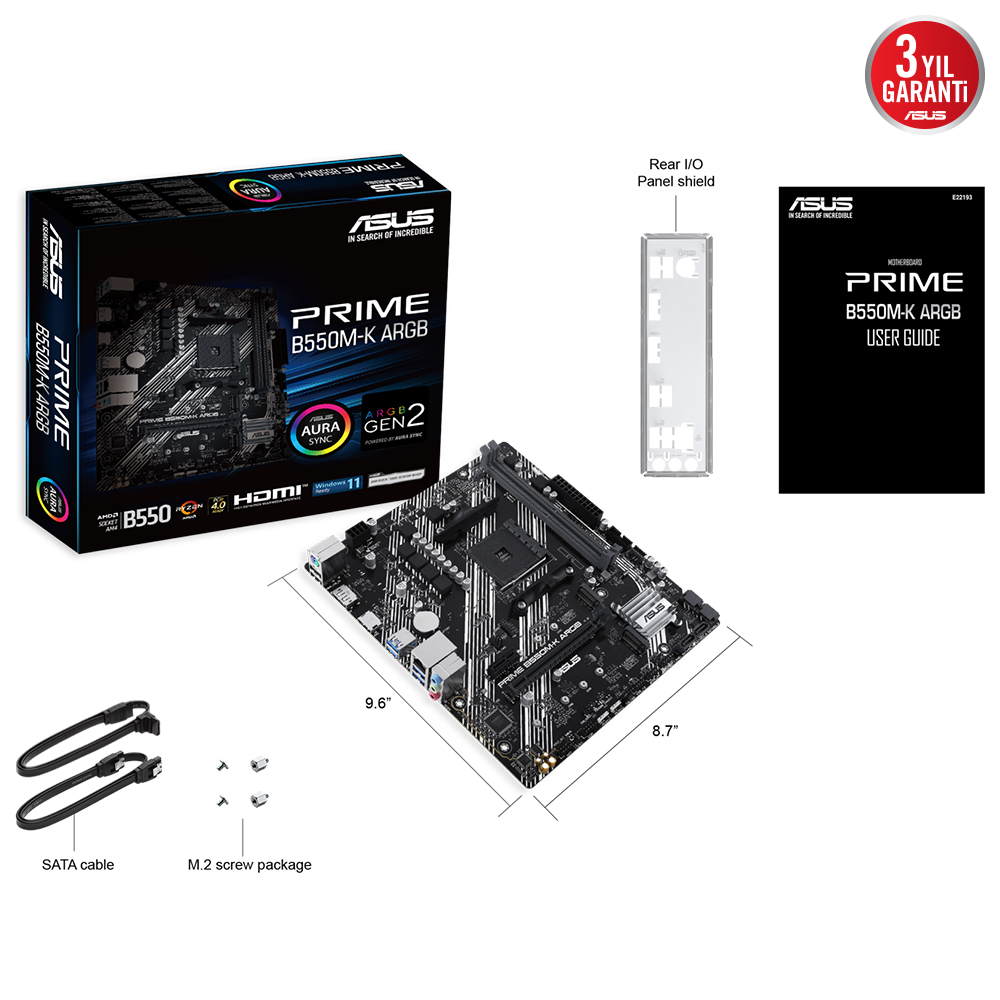 ASUS Prime B550M-K ARGB AMD Soket AM4 DDR4 4866(OC)MHz Micro ATX Gaming (Oyuncu) Anakart