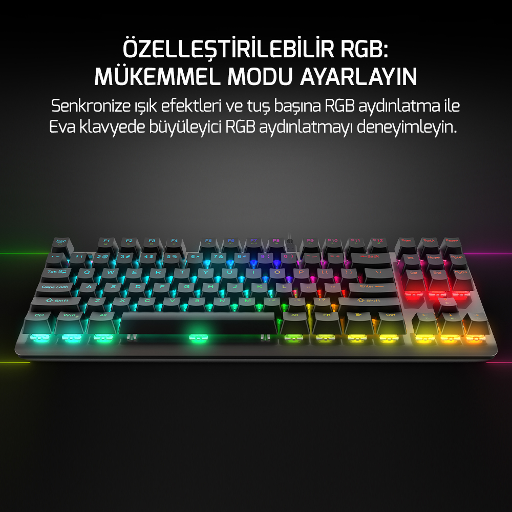 GamePower Eva 7 60M Mekanik Kablolu, 2.4Ghz, Bluetooth 3 Mod Blue Switch Türkçe Q 88 Tuş USB RGB Gaming Klavye - 3 Yıl Garantili