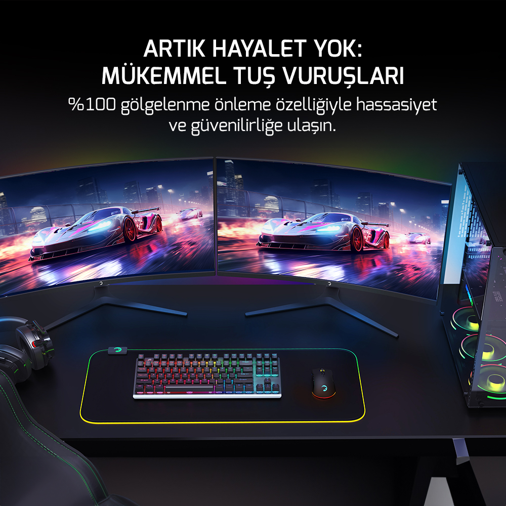 GamePower Eva 7 60M Mekanik Kablolu, 2.4Ghz, Bluetooth 3 Mod Blue Switch Türkçe Q 88 Tuş USB RGB Gaming Klavye - 3 Yıl Garantili