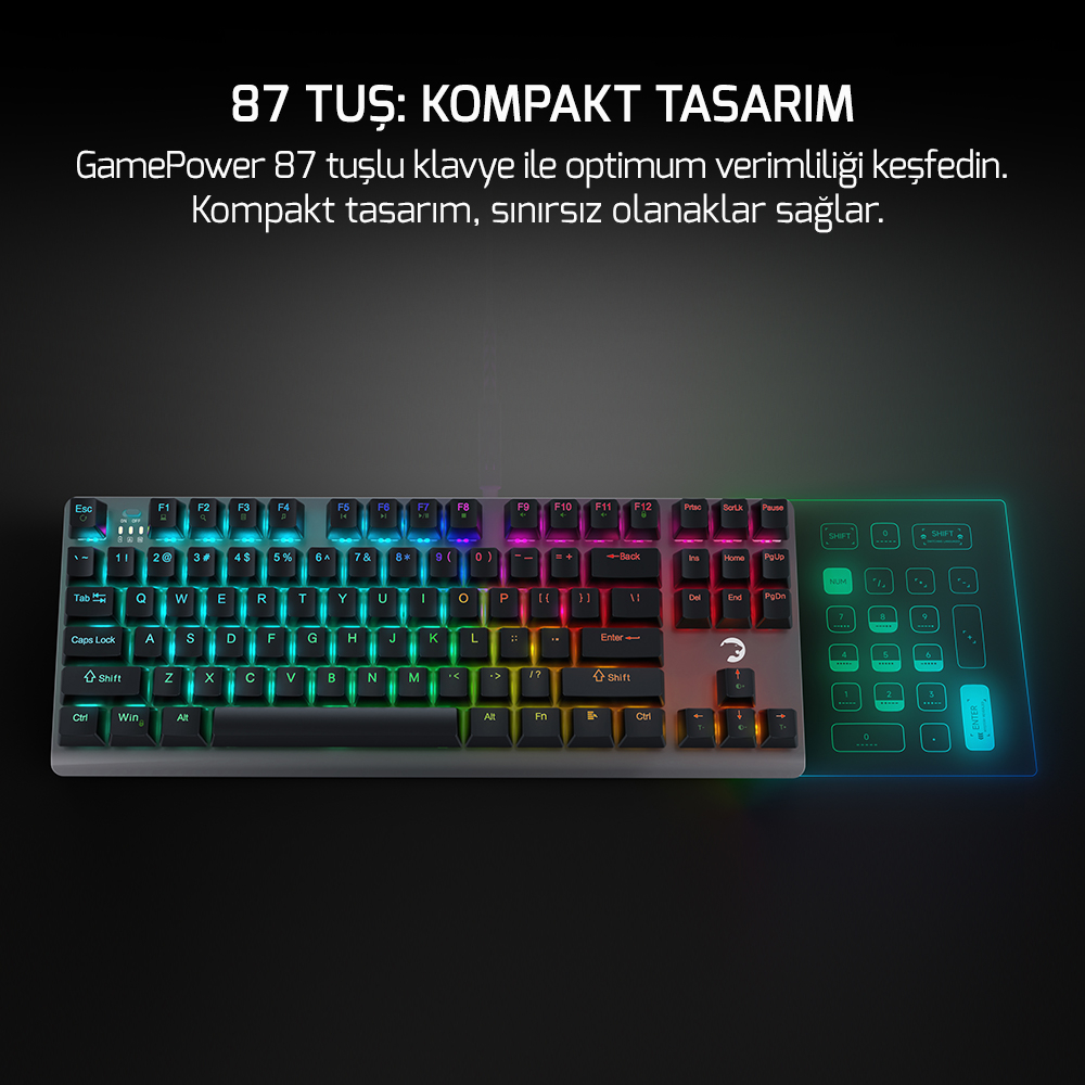 GamePower Eva 7 60M Mekanik Kablolu, 2.4Ghz, Bluetooth 3 Mod Blue Switch Türkçe Q 88 Tuş USB RGB Gaming Klavye - 3 Yıl Garantili