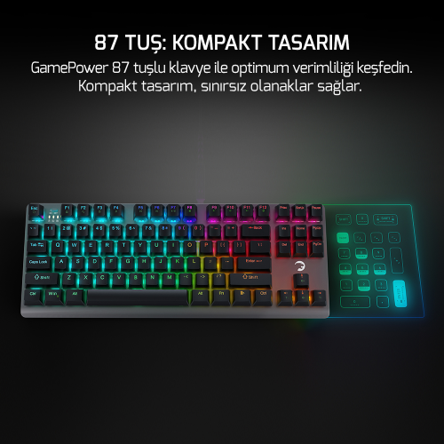 GamePower Eva 7 60M Mekanik Kablolu, 2.4Ghz, Bluetooth 3 Mod Blue Switch Türkçe Q 88 Tuş USB RGB Gaming Klavye - 3 Yıl Garantili