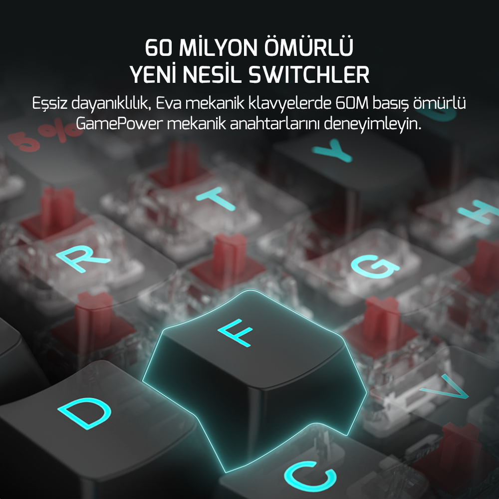 GamePower Eva 5 60M Mekanik Red Switch Türkçe Q 88 Tuş USB Gaming Klavye - 3 Yıl Garantili