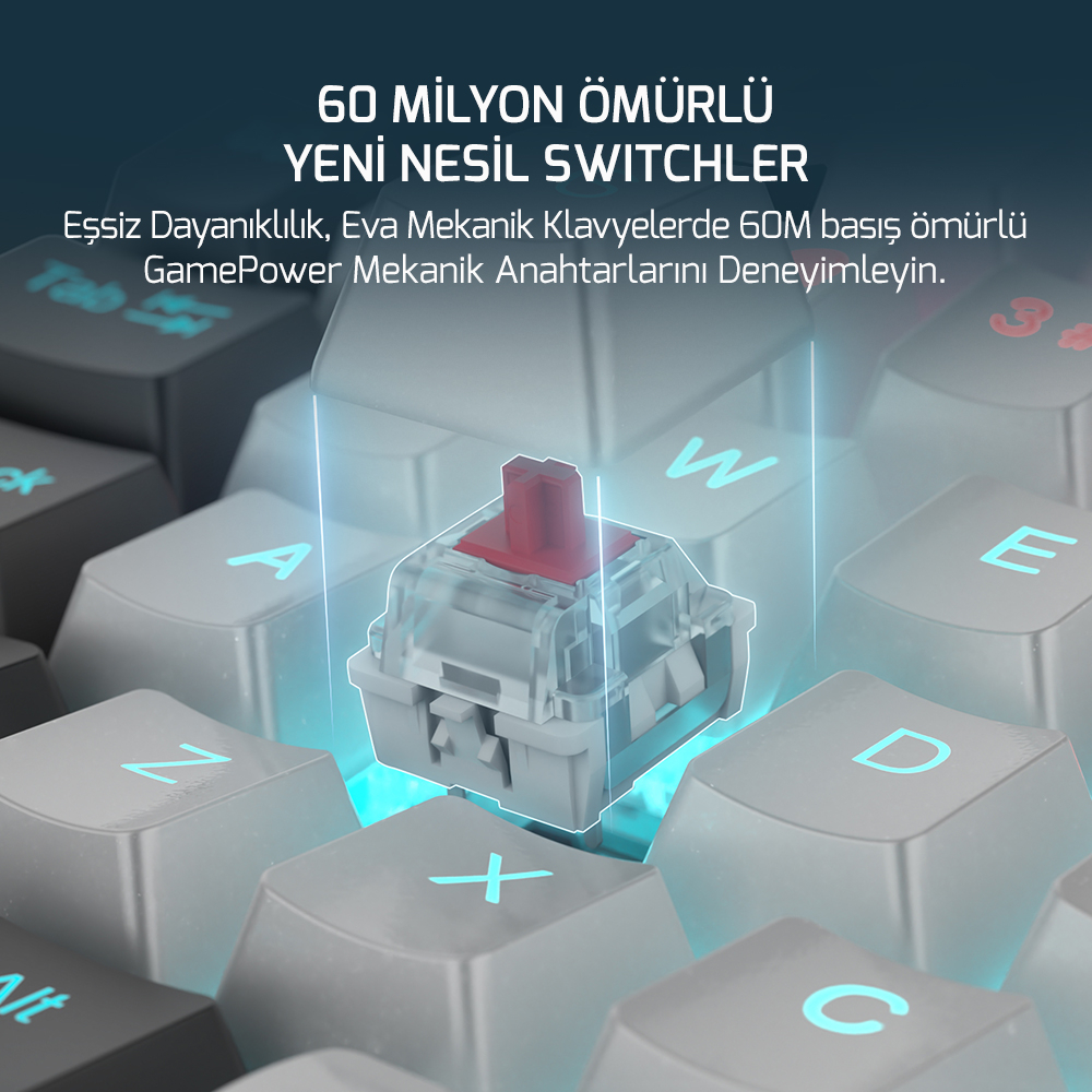 GamePower Eva 3 60M Mekanik Blue Switch Türkçe Q 88 Tuş USB Gaming Klavye - 3 Yıl Garantili