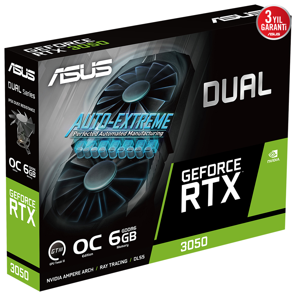 ASUS Dual GeForce RTX 3050 OC DUAL-RTX3050-O6G NVIDIA 6GB GDDR6 96Bit DX12 Gaming (Oyuncu) Ekran Kartı