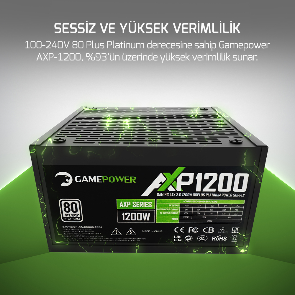 GamePower AXP-1200 14CM 1200W Platinum 80+ ATX 3.0 PCI-E 5.0 Power Supply - 5 Yıl Garantili