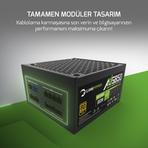 GamePower AXG-850 14CM 850W Gold  80+ ATX 3.1 PCI-E 5.1 Power Supply - 5 Yıl Garantili