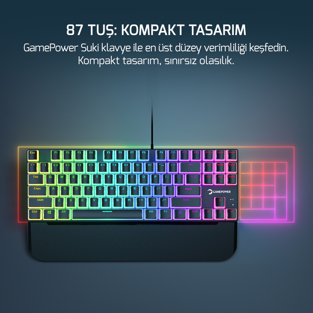 GamePower Suki TKL Mekanik Blue Outemu Switch Puding Keycaps İngilizce Q USB Gaming Klavye