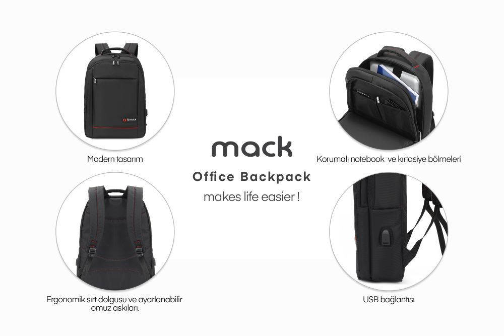 MACK MCC-007 17.3″ Office USB Girişli Notebook Sırt Çantası Siyah    