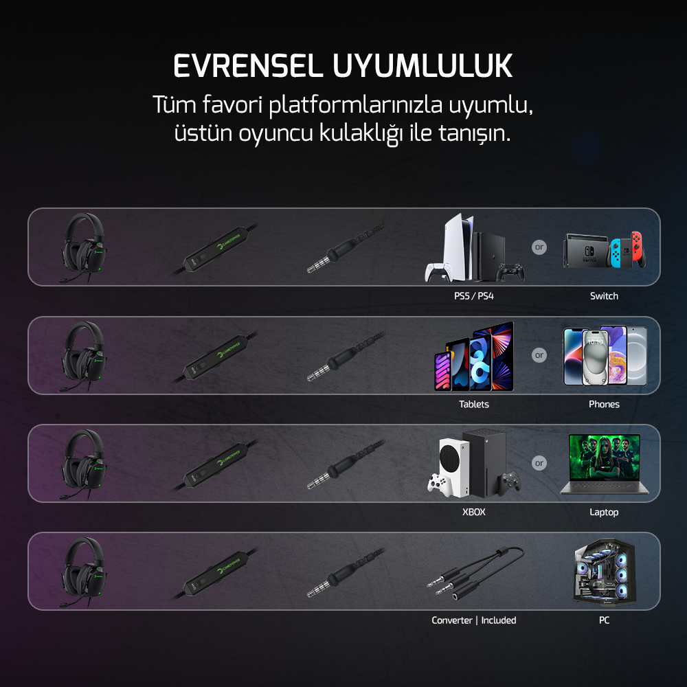 Gamepower Kai Titanium X Siyah Manyetik Pad Gaming Kulaklık (2*3.5mm Jak Dönüştürücü Kablo Hediyeli)