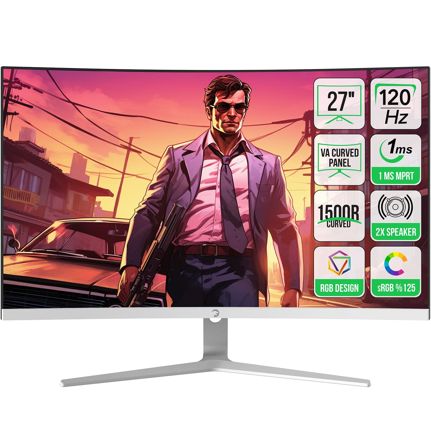 GamePower Vivid F20 27″ 1500R Curved RGB Beyaz 120Hz 1ms FHD Va Panel 2x2W Speaker Gaming Monitör (Sıfır Ölü Piksel Garantili)