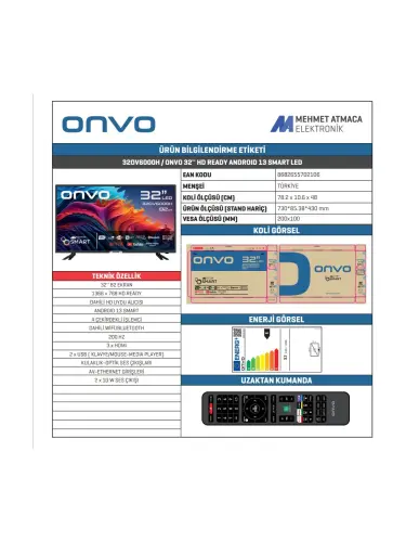 Onvo 32OV6000H HD 32″ 82 Ekran Uydu Alıcılı Android Smart LED TV