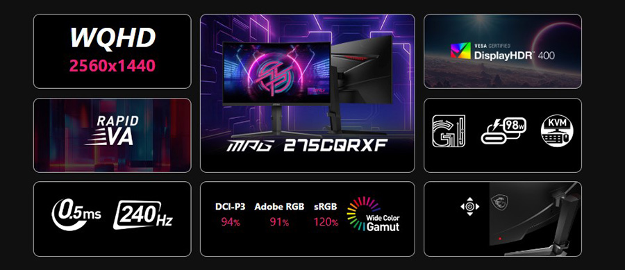 MSI MPG 275CQRXF 27″ 240Hz 0.5ms 2K WQHD FreeSync Premium Rapid VA Curved Gaming (Oyuncu) Monitör