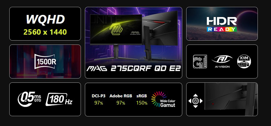 MSI MAG 275CQRF QD E2 27″ 180Hz 0.5ms FreeSync AdaptiveSync HDR WQHD Rapid VA Curved Gaming (Oyuncu) Monitör