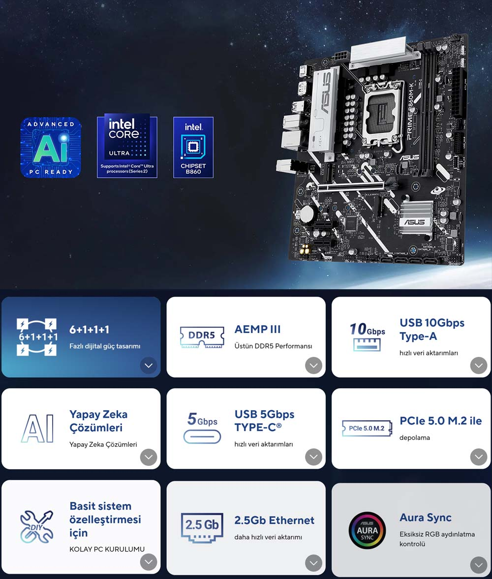 ASUS Prime B860M-K-Intel B860 Soket 1851 DDR5 8800+(OC)MHz mATX Gaming (Oyuncu) Anakart