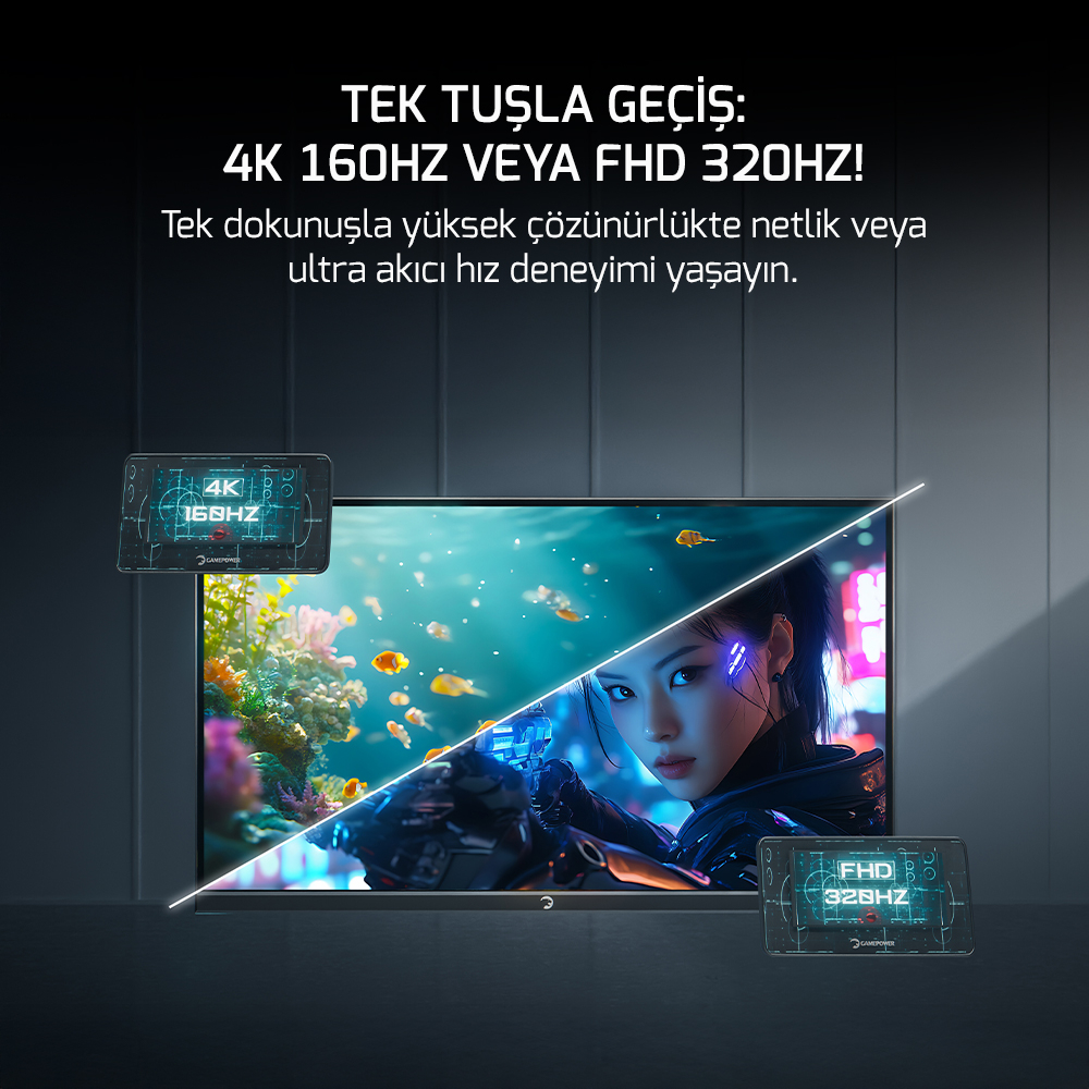 GamePower Rapid Dual 27″ 0.5ms 4K 160Hz - FHD 320Hz Fast IPS RGB Pivot Speaker Gaming Monitör (Sıfır Ölü Piksel Garantili)