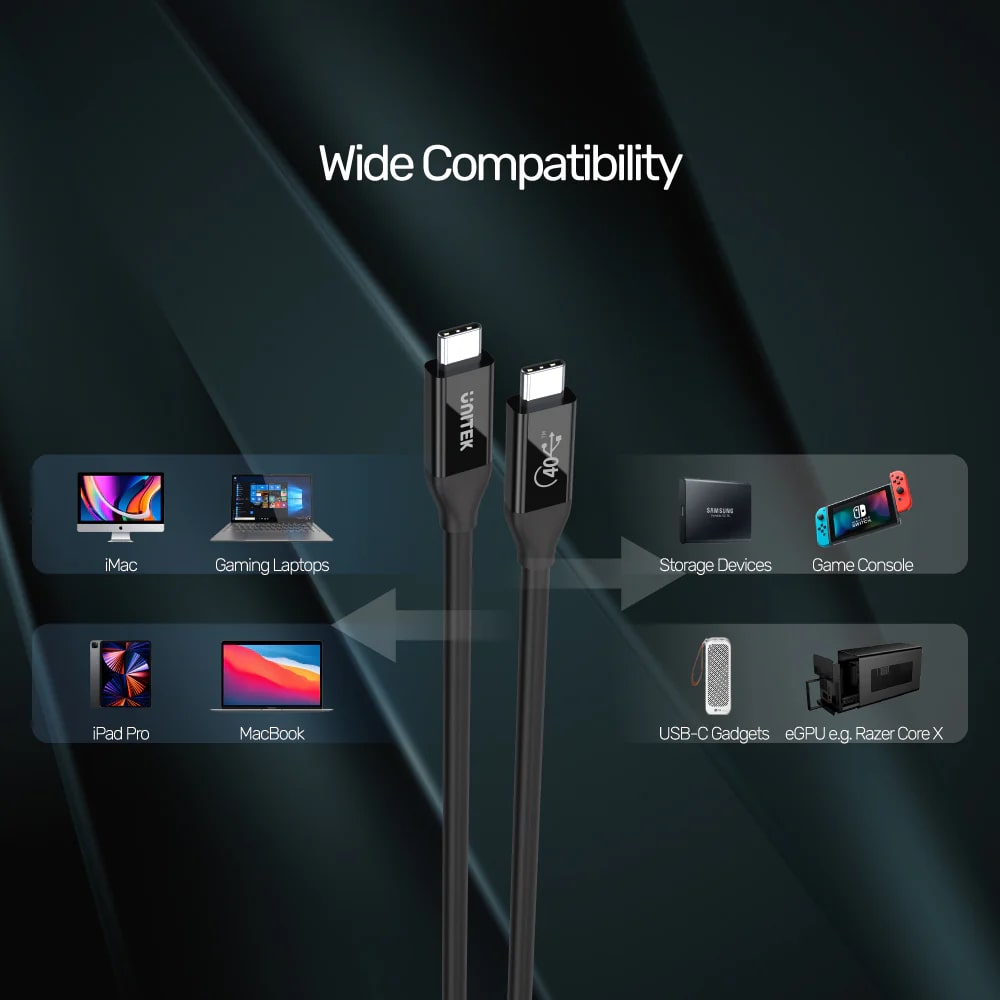 Unitek Type-C to Type-C USB4 Thunderbolt 0.8Mt (8K60Hz ve 40Gbps Görüntü Aktarımı) Hızlı Şarj Kablosu (C14100BK-0.8M)