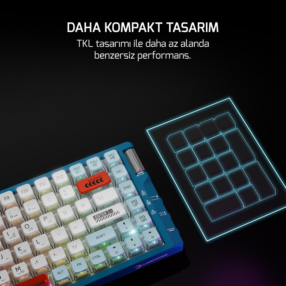 GamePower Sense TKL RGB Wireless/Bluetooth/Kablolu Mekanik Red Switch Gaming Klavye