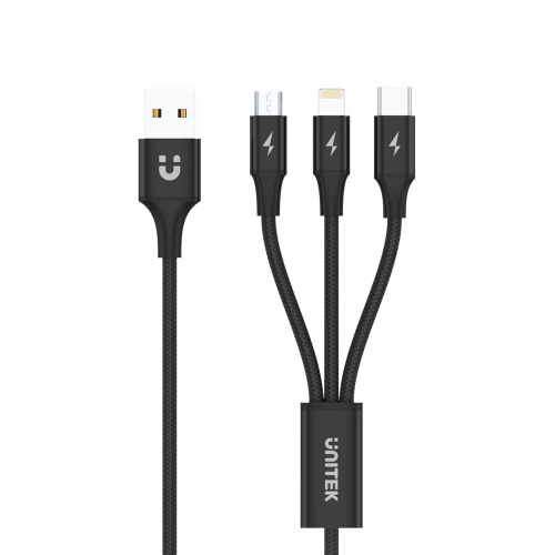Unitek USB-A to 3in1 Hızlı Şarj Destekli 2.4A 1.2Mt Çoklu Şarj Kablosu (C14049BK)