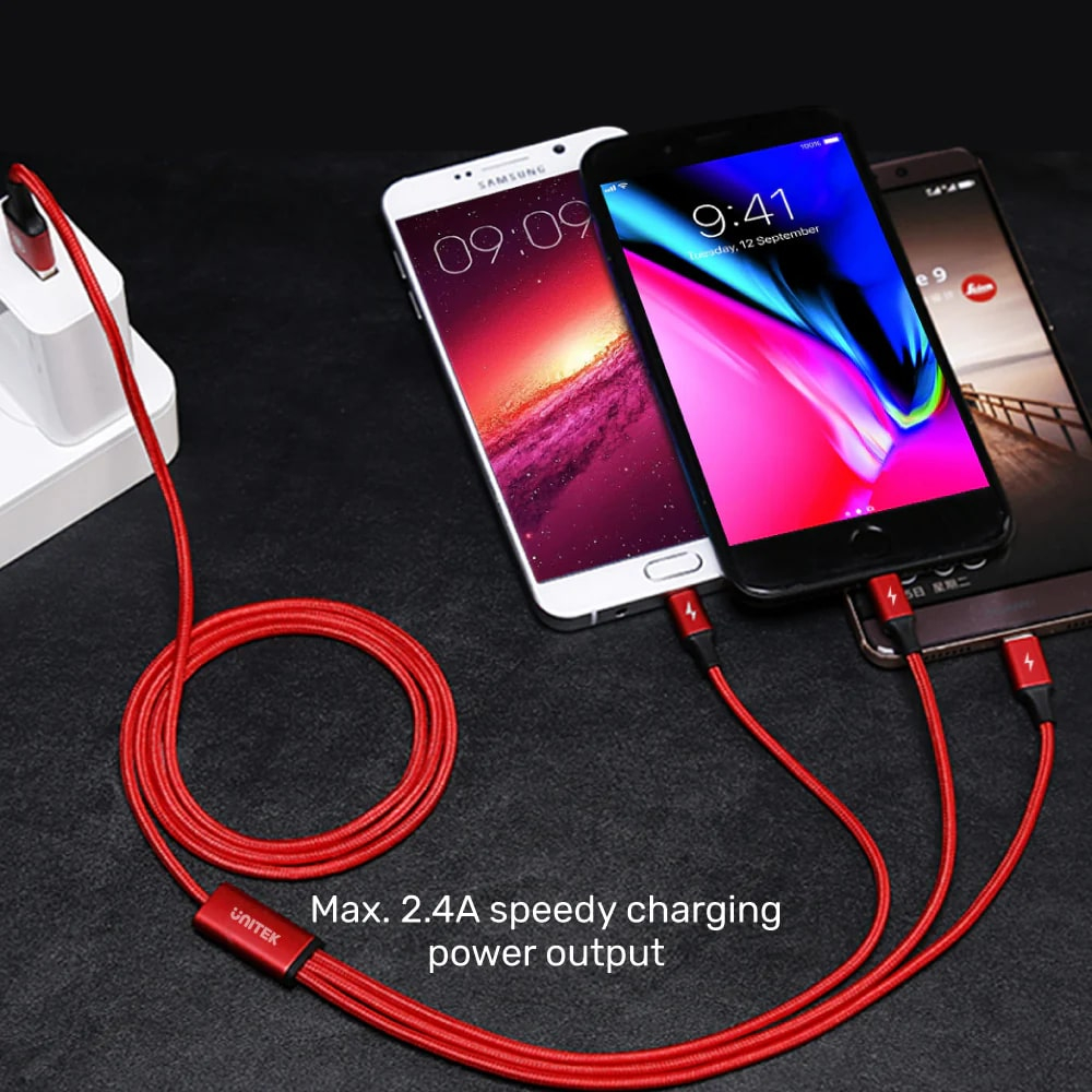 Unitek USB-A to 3in1 Hızlı Şarj Destekli 2.4A 1.2Mt Çoklu Şarj Kablosu (C14049BK)