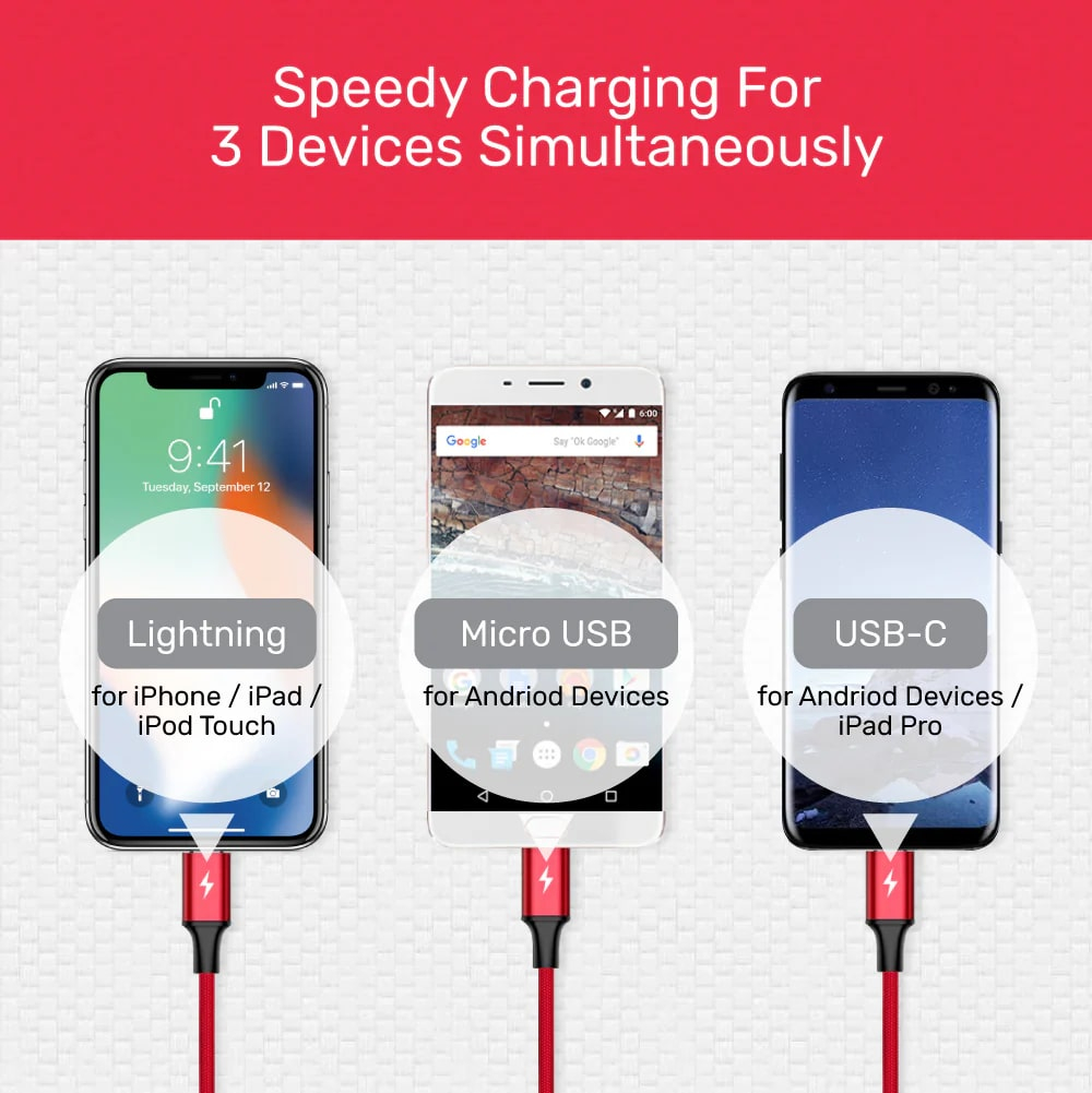 Unitek USB-A to 3in1 Hızlı Şarj Destekli 2.4A 1.2Mt Çoklu Şarj Kablosu (C14049BK)