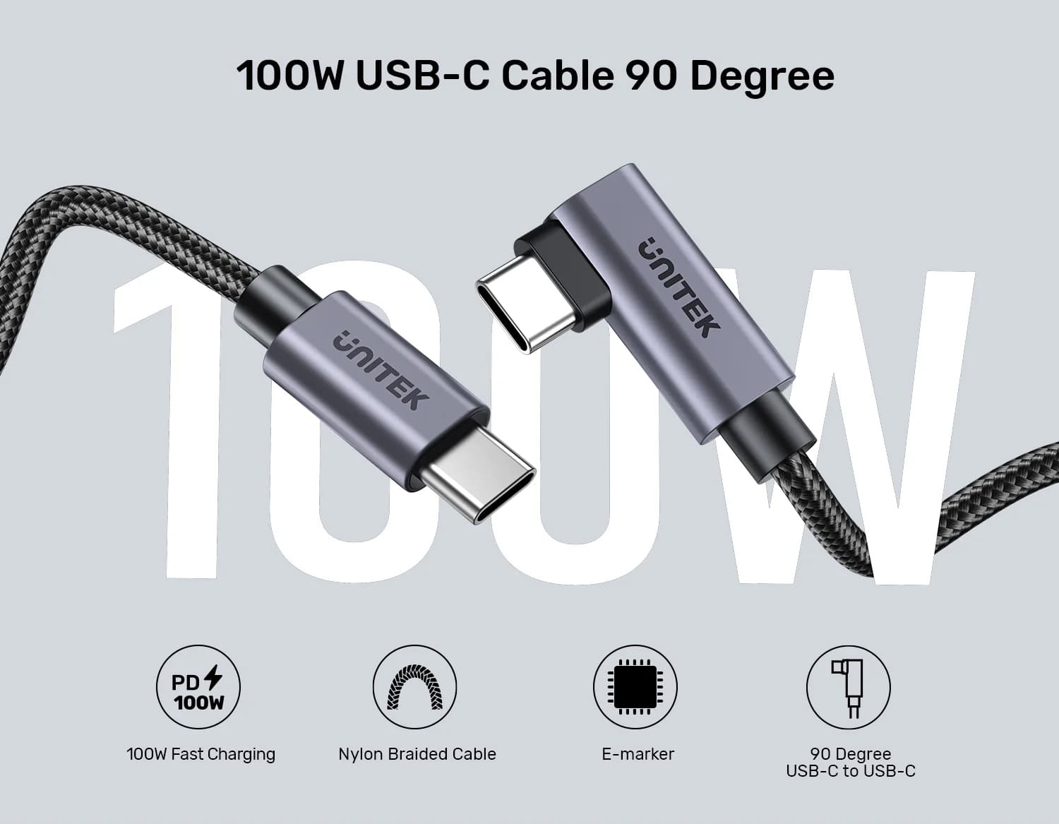 Unitek Type-C to Type-C (100W) 3Mt 90° Açı Hızlı Şarj Kablosu (C14123BK-3M)