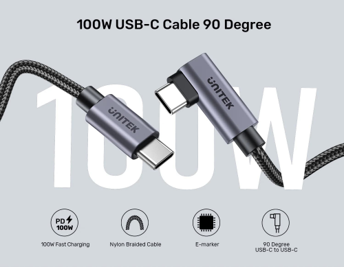 Unitek Type-C to Type-C (100W) 2Mt 90 Açı Hızlı Şarj Kablosu (C14123BK-2M)