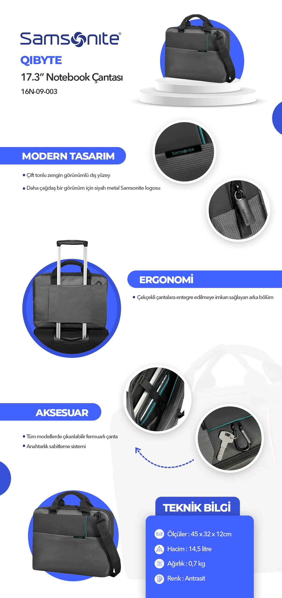 SAMSONITE 16N-09-003 17.3″ Qibyte Notebook Çantası Antrasit 
