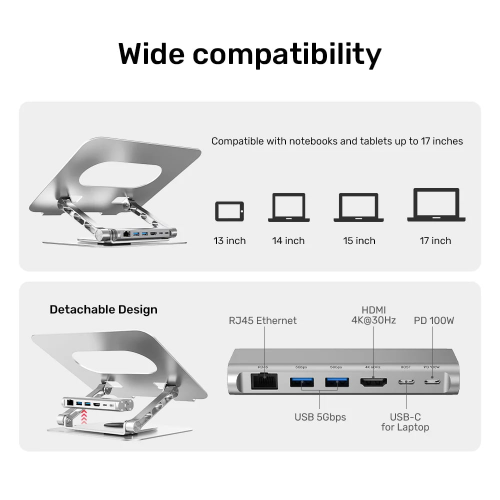 Unitek 360D 15.6″ Metal Notebook Standı (Çıkarılabilir 5 in 1 USB-C Hub Dahil) (D1109B01)