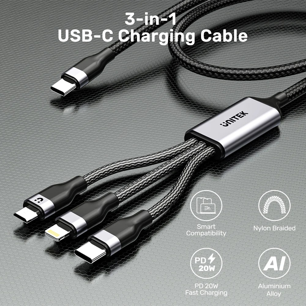 Unitek Type-C to Lightning/ USB-C/ Micro USB 1.5M Çoklu Şarj Kablosu 20W (C14101AGY01-1.5M)
