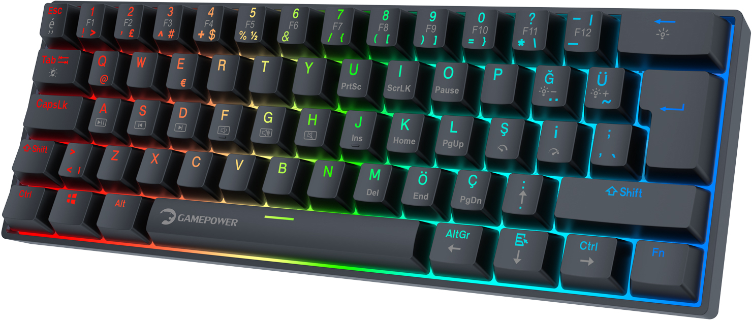 GamePower Lyra RGB 60M 61Tuş Siyah Mekanik Kablolu Red Switch Klavye - 3 Yıl Garantili