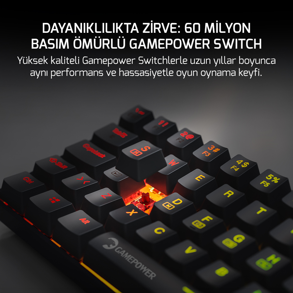 GamePower Lyra RGB 60M 61Tuş Siyah Mekanik Kablolu Red Switch Klavye - 3 Yıl Garantili