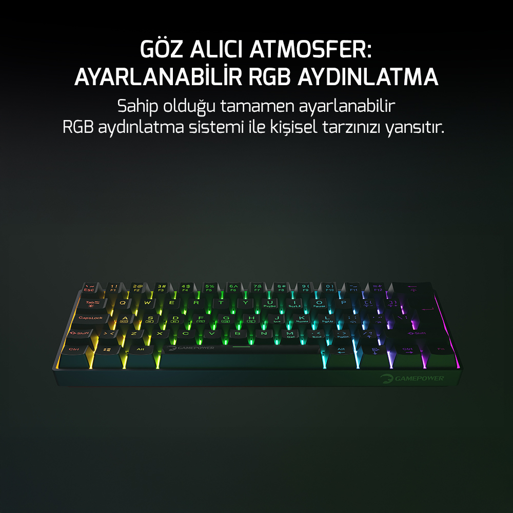 GamePower Lyra RGB 60M 62Tuş Siyah Mekanik Kablolu Blue Switch Klavye - 3 Yıl Garantili