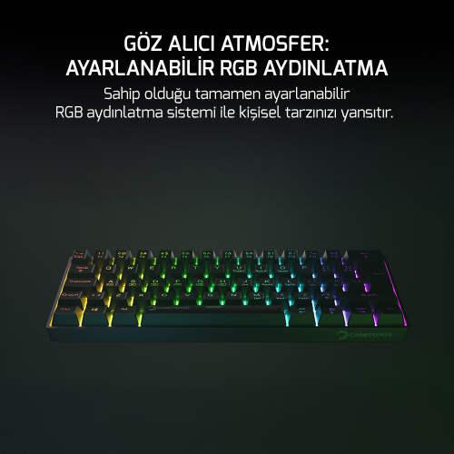 GamePower Lyra RGB 60M 62Tuş Siyah Mekanik Kablolu Blue Switch Klavye - 3 Yıl Garantili
