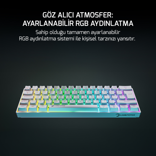 GamePower Lyra RGB 60M 61Tuş Beyaz Mekanik Kablolu Blue Switch Klavye - 3 Yıl Garantili