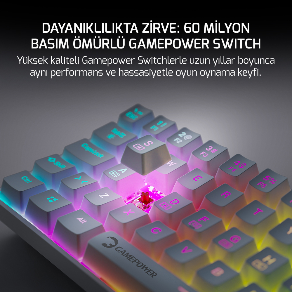 GamePower Lyra RGB 60M 61Tuş Beyaz Mekanik Kablolu Blue Switch Klavye - 3 Yıl Garantili