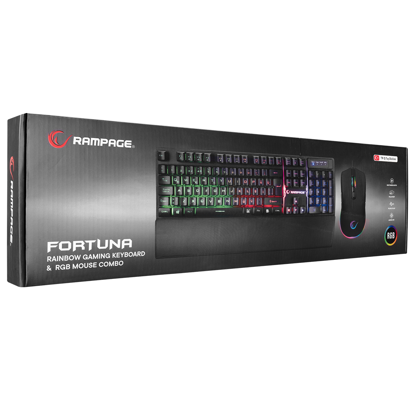 Rampage KM-RX7 FORTUNA V2 Gökkuşağı Aydınlatmalı USB Siyah Gaming Combo Q Gaming Klavye + 12800 dpi Mouse Seti
