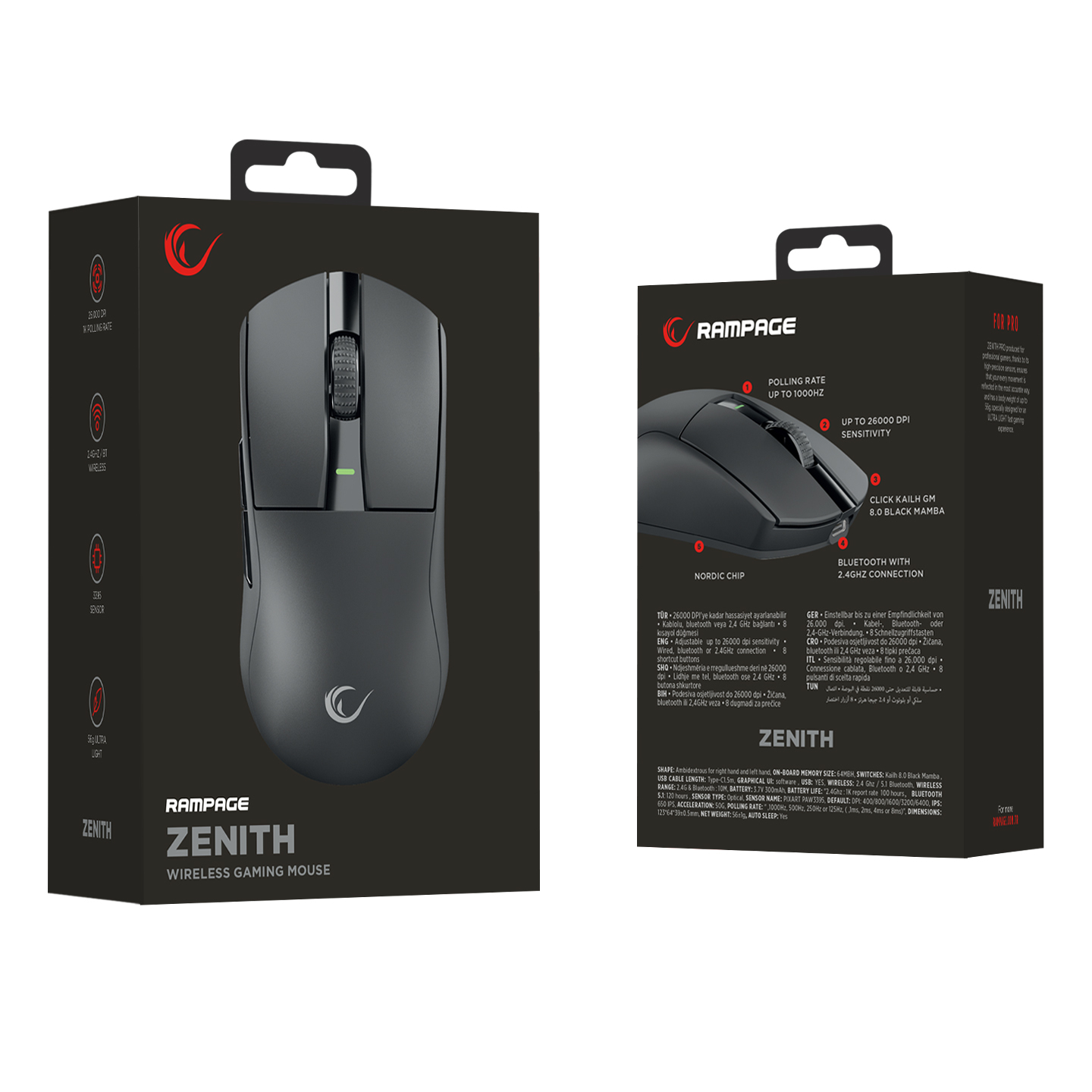 Rampage ZENITH BT+Wired+2.4G Siyah Kablosuz PAW3395 NORDIC 52833 MCU Gaming Oyuncu Mouse 41653