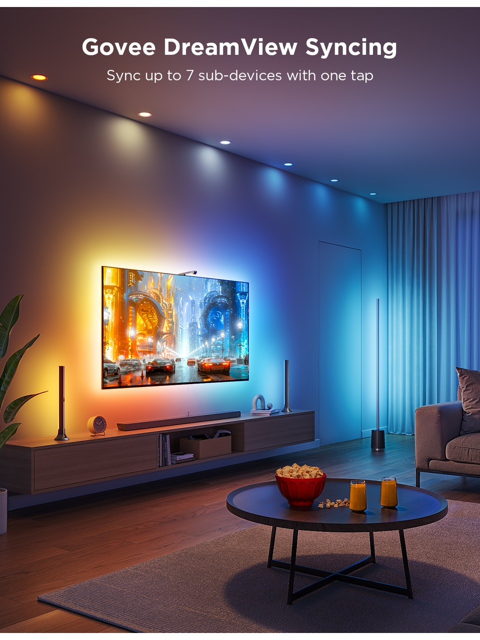 Govee Tv Arkası Led Şerit Aydınlatma + 2`li Aydınlatma Bar + Tv ile Renk Senkronizasyon 55-65 inç Tüm Tv`ler Uyumludur -H605A311