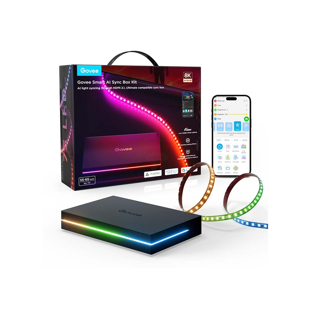 Govee AI 8K Sync Box 2 Sync Box + 2 adet HDMI kablo + LED Şerit 55-65 inç Tüm Tv`ler Uyumludur -H8604C12