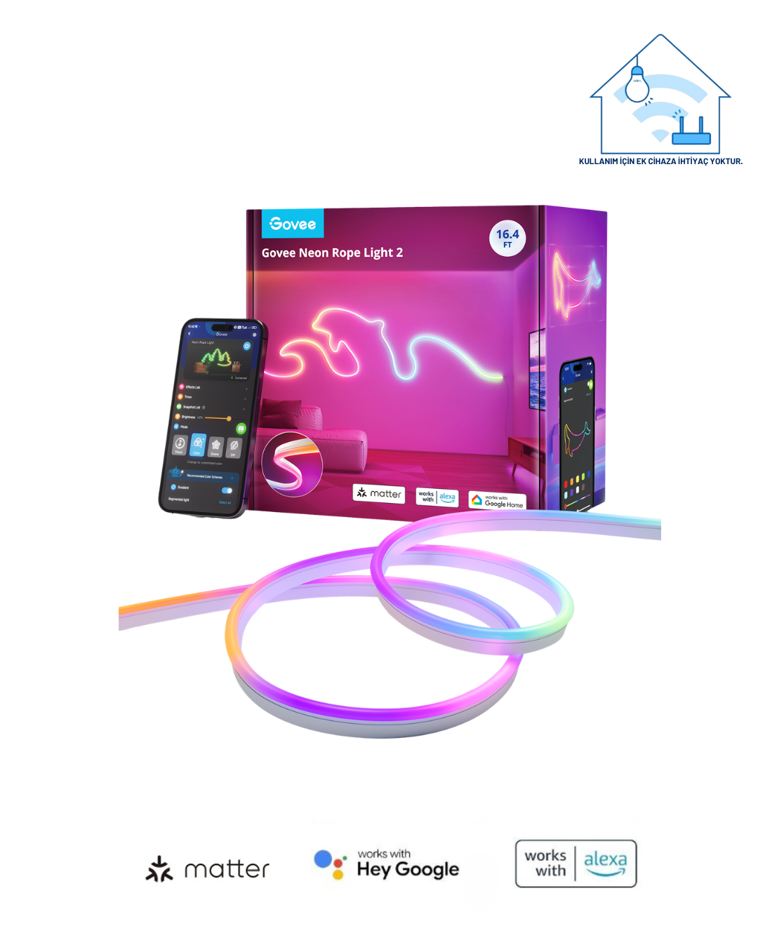 Govee Matter Destekli, Bükülebilir, Şekillendirilebilir Neon LED Şerit 2.Nesil (5MT)-Beyaz -H61D5301