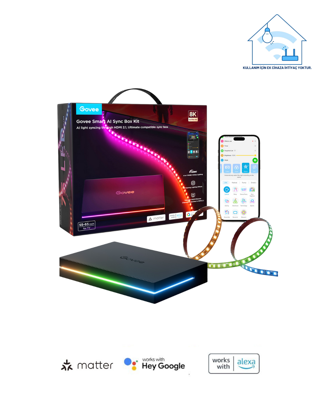 Govee AI 8K Sync Box 2 Sync Box + 2 adet HDMI kablo + LED Şerit 55-65 inç Tüm Tv`ler Uyumludur -H8604C12